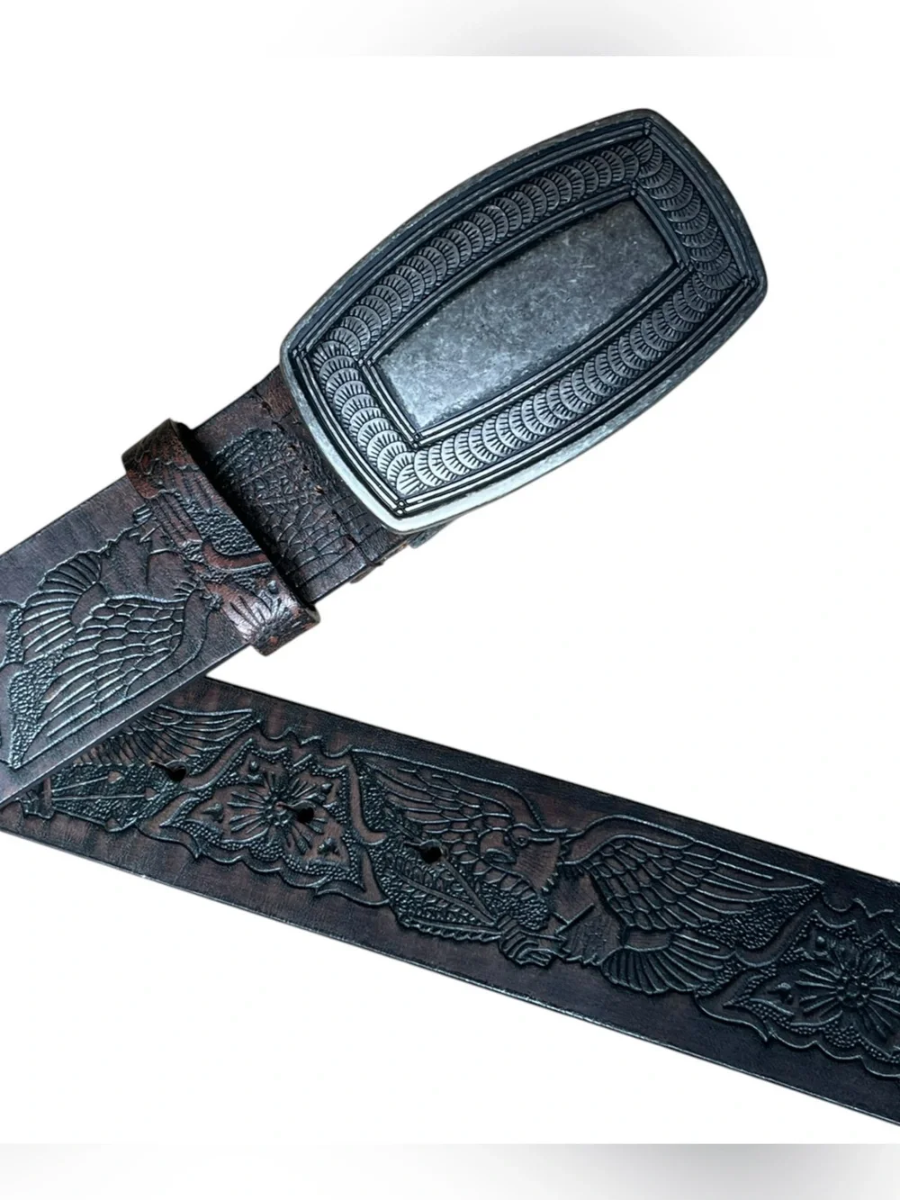 TOOLED Leather Eagle Belt Brown Pewter Buckle Men's Sz XL USA Americana Western